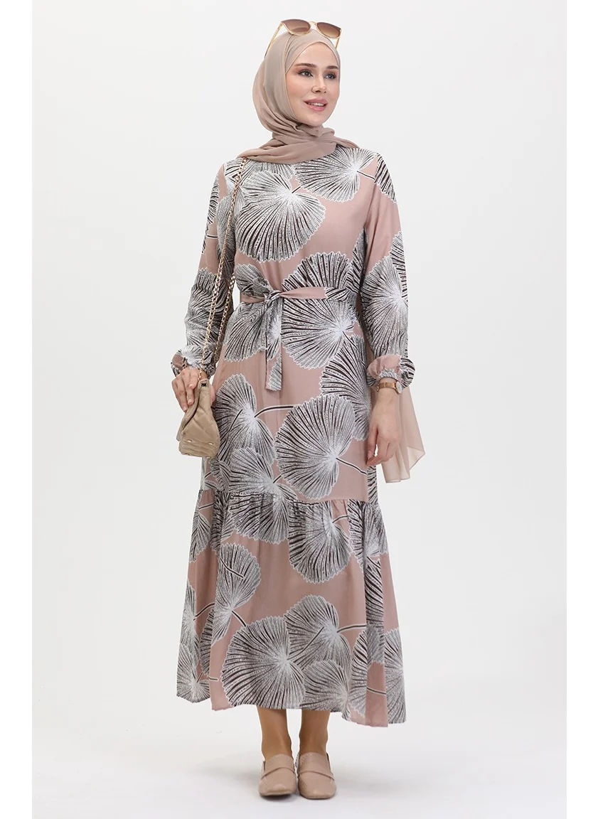 Sefa Merve Patterned Belted Dress 0445-02 Mink Brown