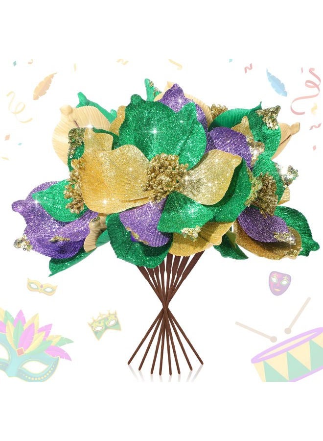 Norme 9 Pcs 8'' Mardi Gras Flowers Mardi Gras Poinsettia Purple Gold Green Velvet Flowers Artificial Poinsettia Stems Velvet Ornaments Fold Floral for Holiday Party Decorations (Mixed Colors) - Image 2