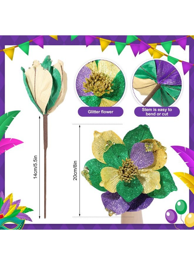 Norme 9 Pcs 8'' Mardi Gras Flowers Mardi Gras Poinsettia Purple Gold Green Velvet Flowers Artificial Poinsettia Stems Velvet Ornaments Fold Floral for Holiday Party Decorations (Mixed Colors) - Image 3