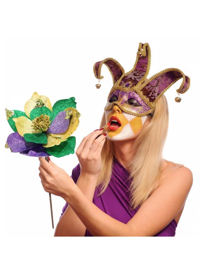 Norme 9 Pcs 8'' Mardi Gras Flowers Mardi Gras Poinsettia Purple Gold Green Velvet Flowers Artificial Poinsettia Stems Velvet Ornaments Fold Floral for Holiday Party Decorations (Mixed Colors) - Image 5