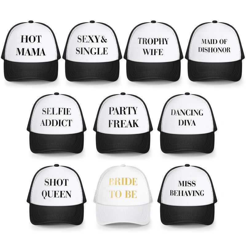 JaGely 10 Pack Funny Hat for Women Neon Group Baseball Cap Adjustable Bride Hat for Bachelorette Party Girl Trip Weekend(Bride to Be,Black White) - Image 1