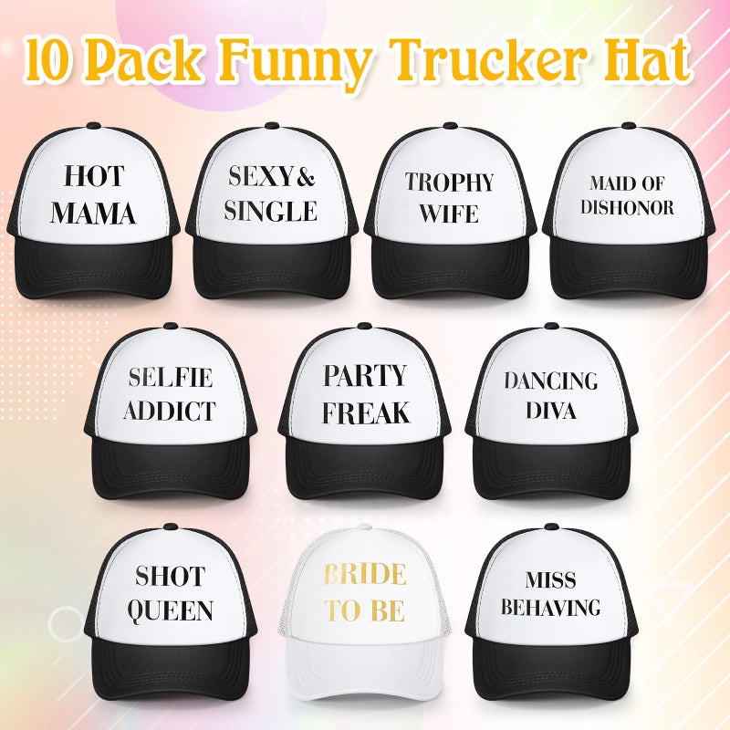 JaGely 10 Pack Funny Hat for Women Neon Group Baseball Cap Adjustable Bride Hat for Bachelorette Party Girl Trip Weekend(Bride to Be,Black White) - Image 3