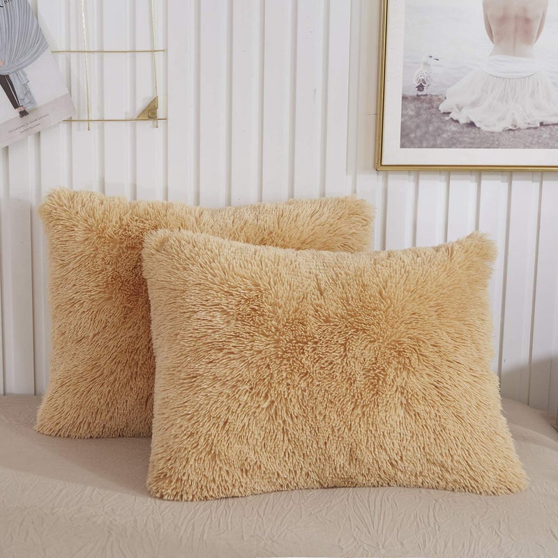 XeGe Faux Fur Throw Pillow Cases Plush Shaggy Ultra Soft Pillow Covers Fluffy Crystal Velvet Decorative Pillowcases Furry Fuzzy Pillow Shams Zipper Closure Set of 2Standard Camel