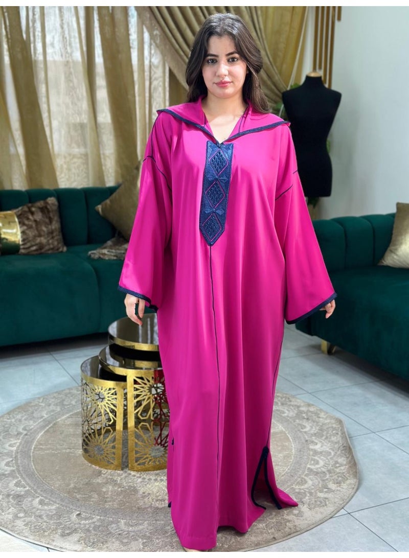 Al Merrakchiya Women’s Djellaba – Long Moroccan Kaftan | Traditional Kabylen Style Arabic Dress | Comfortable Soft Crepe Fabric | Long Sleeve Jalabiya For Womens-Indian Pink-DD6 - Image 2