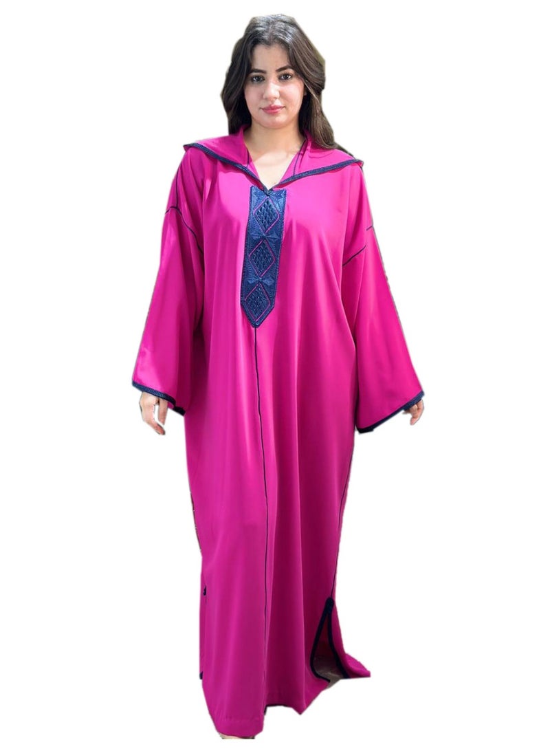 Al Merrakchiya Women’s Djellaba – Long Moroccan Kaftan | Traditional Kabylen Style Arabic Dress | Comfortable Soft Crepe Fabric | Long Sleeve Jalabiya For Womens-Indian Pink-DD6 - Image 1