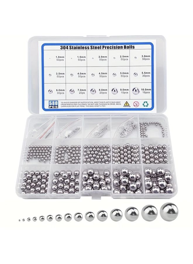 580 Pcs 15 Sizes Metric Precision 304 Stainless Steel Bearing Ball Assortment - Image 1