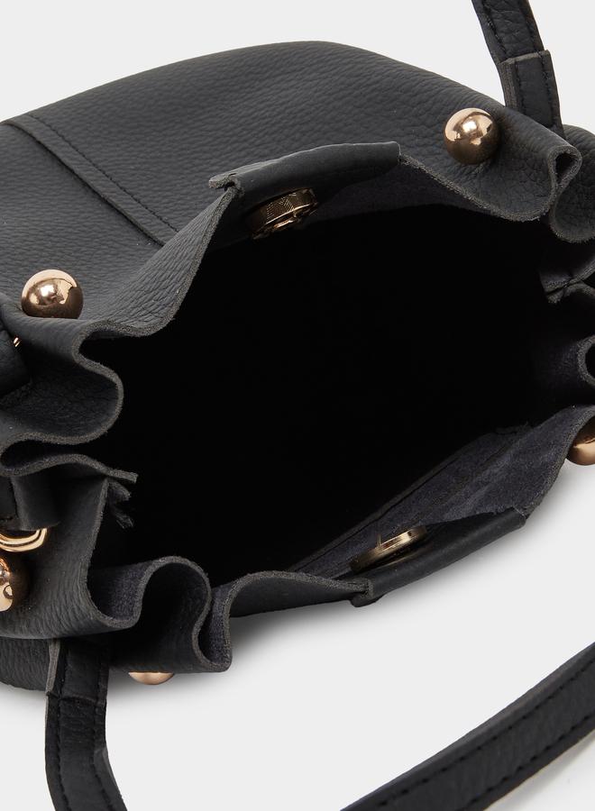 Styli Black Faux Leather Bucket Bag with Woven Strap - Image 4