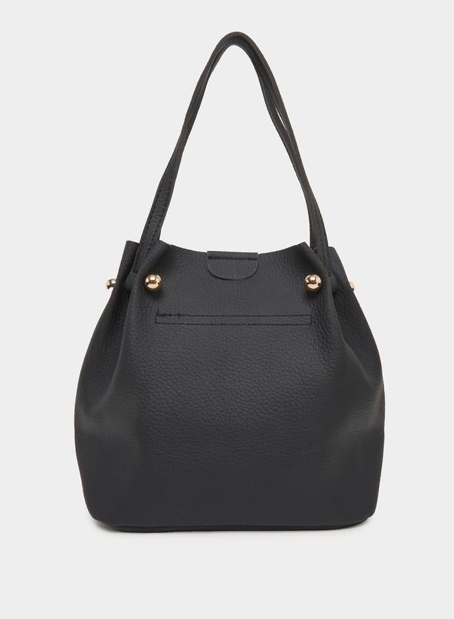 Styli Black Faux Leather Bucket Bag with Woven Strap - Image 2
