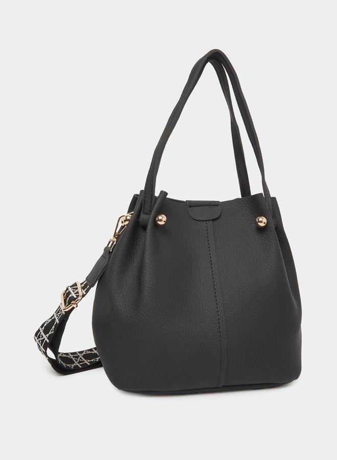 Styli Black Faux Leather Bucket Bag with Woven Strap - Image 1