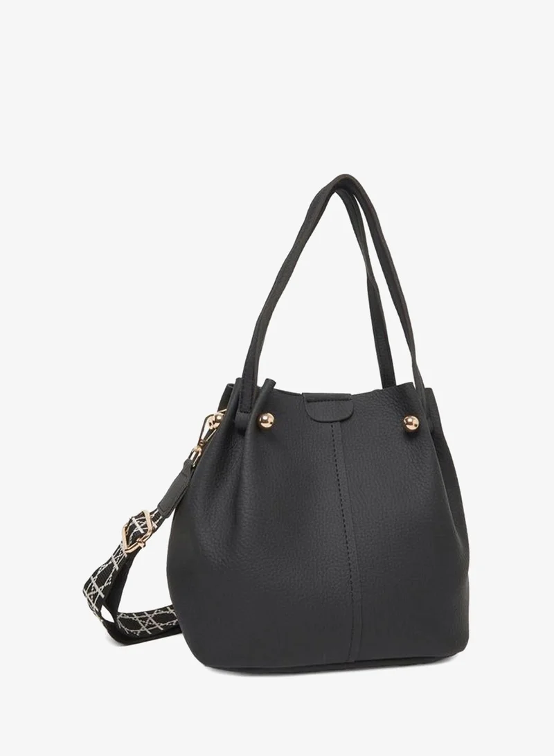 Styli Black Faux Leather Bucket Bag with Woven Strap