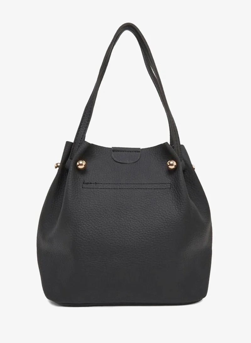 Styli Black Faux Leather Bucket Bag with Woven Strap