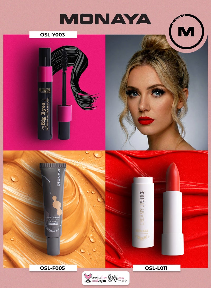 Monaya Everyday Glam Bundle – Foundation, Creamy Lipstic & Big Eyes Mascara - Image 1