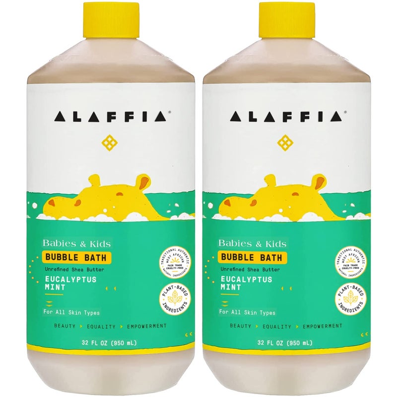 Alaffia Babies and Kids Bubble Bath, Gentle Baby Essentials for Delicate Skin, Cleansing & Calming Bubbles, Plant Based Formula, Vegan, Eucalyptus Mint (2 Pack - 32 Fl Oz Ea) - Image 1