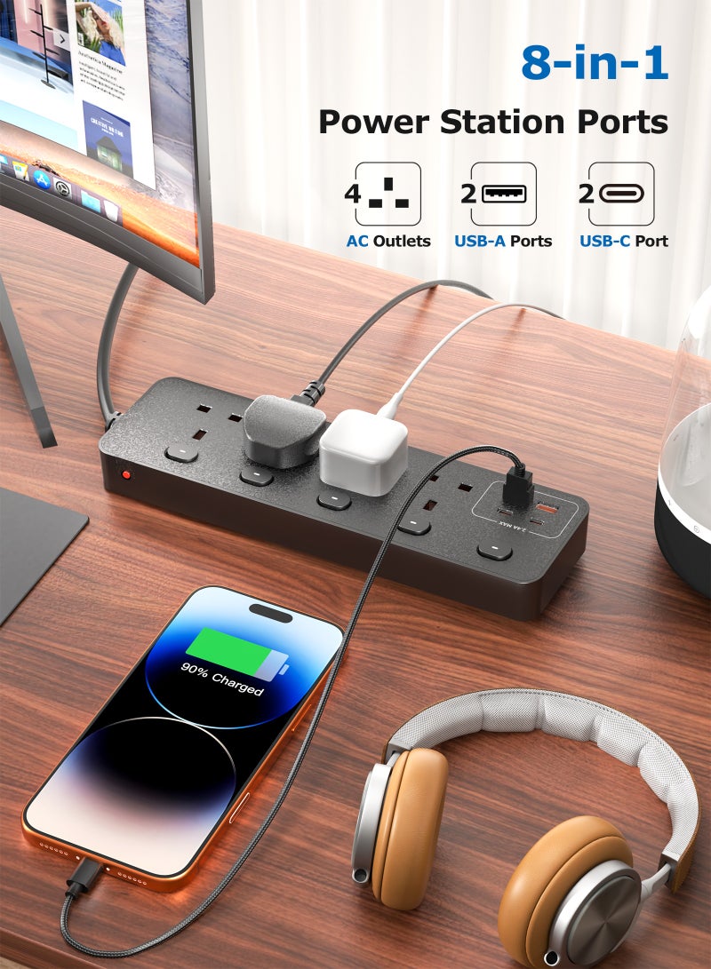 يو إل اتش واي سي شريط طاقة - 4 منافذ، جميعها مبدلة بشكل فردي، 2 منفذ USB-C و2 منفذ USB-A، واقي من زيادة التيار، سلك طاقة بطول 3 أمتار، حامل حائط، مقاوم للهب - Image 2