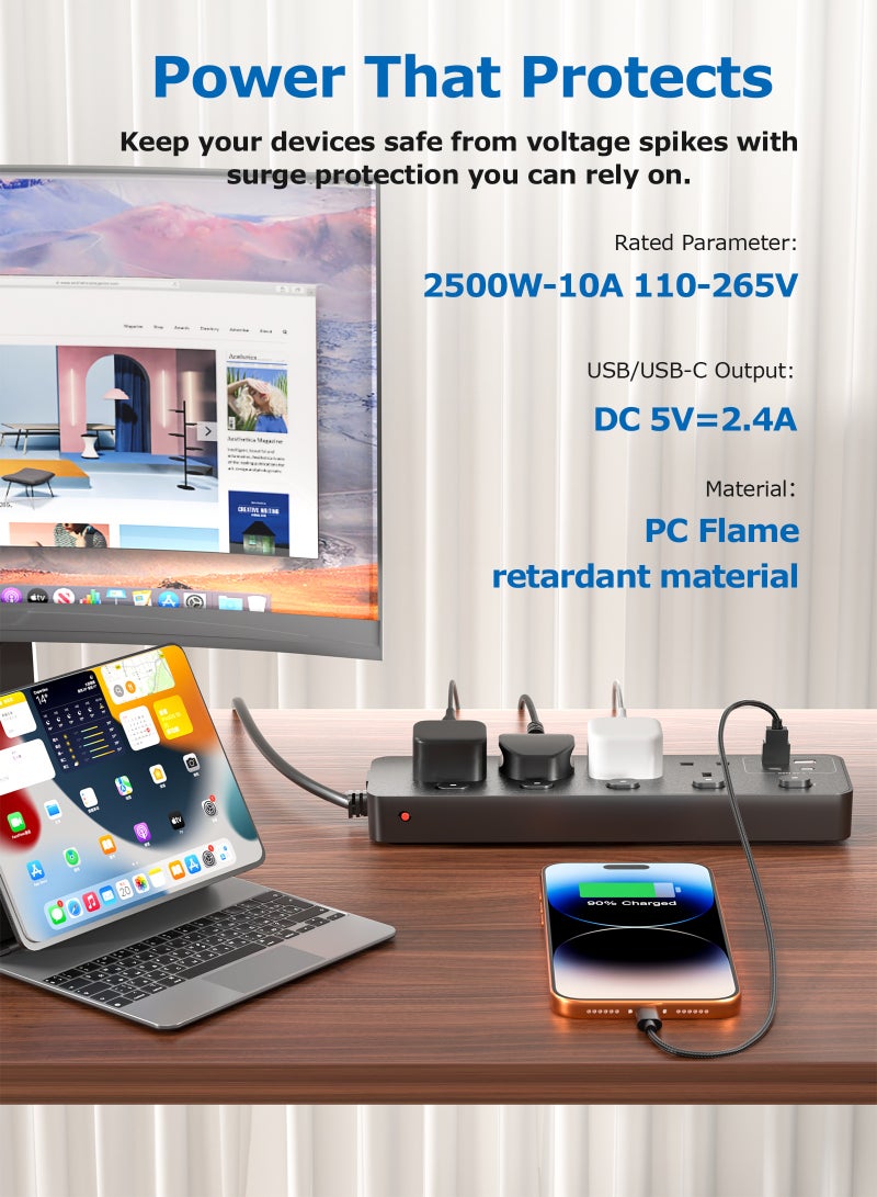 يو إل اتش واي سي شريط طاقة - 4 منافذ، جميعها مبدلة بشكل فردي، 2 منفذ USB-C و2 منفذ USB-A، واقي من زيادة التيار، سلك طاقة بطول 3 أمتار، حامل حائط، مقاوم للهب - Image 3