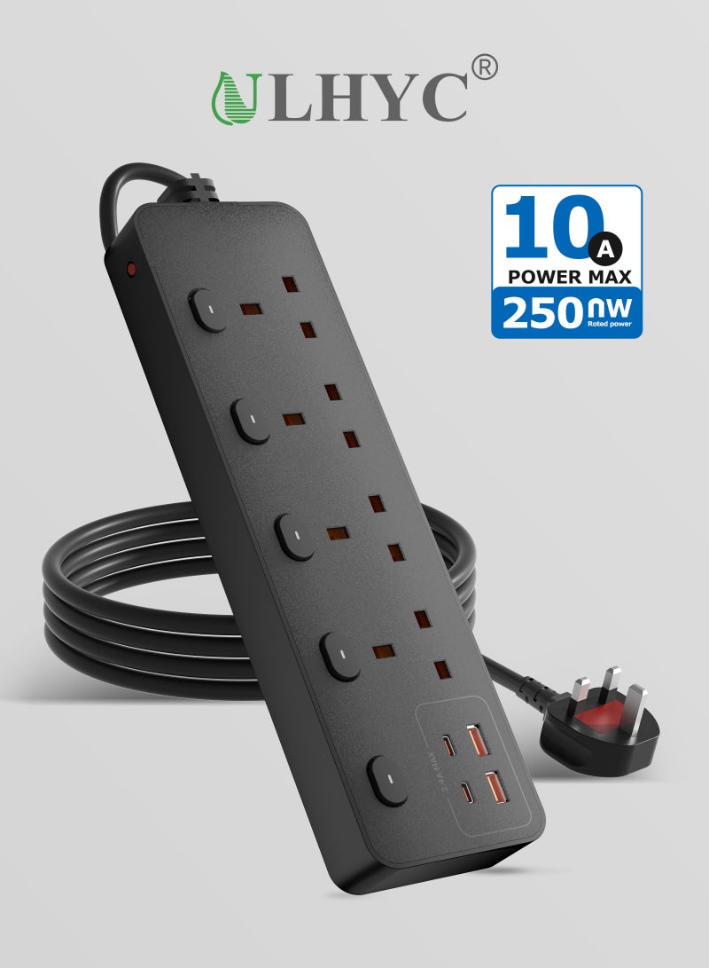 يو إل اتش واي سي شريط طاقة - 4 منافذ، جميعها مبدلة بشكل فردي، 2 منفذ USB-C و2 منفذ USB-A، واقي من زيادة التيار، سلك طاقة بطول 3 أمتار، حامل حائط، مقاوم للهب - Image 1