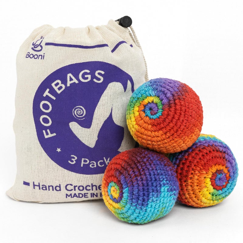 BOONI Handmade Crocheted Footbag- Pack of 3 â€“ Durable Woven Cotton Kick Ball for Style Games, Juggling, Tricks & Outdoor Games - Great as Stress Relief Fidget Toysâ€“ Made in Nepal - Image 1