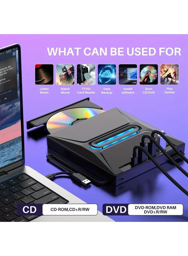 Gray Portable USB 3 0 External CD DVD RW Burner Drive With Hub For Laptop Desktop - Image 3