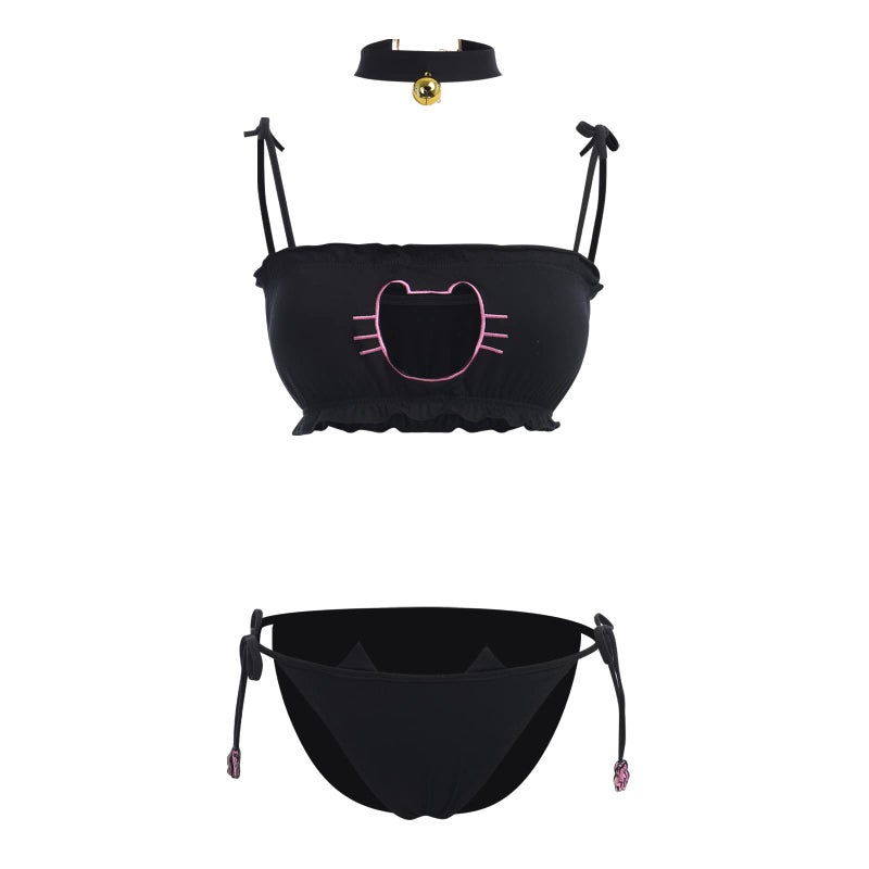 ABAFIP Women's Cute Anime Kawaii Cat Kitten Cosplay Lingerie Set Micro Tanning Bikini Halter Strappy Tiny Bra Mini Panty Necklace 3Pcs Extreme Swimsuit Black-03 one Size - Image 2