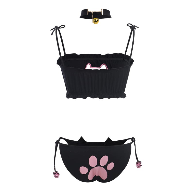 ABAFIP Women's Cute Anime Kawaii Cat Kitten Cosplay Lingerie Set Micro Tanning Bikini Halter Strappy Tiny Bra Mini Panty Necklace 3Pcs Extreme Swimsuit Black-03 one Size - Image 1
