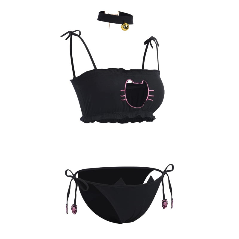 ABAFIP Women's Cute Anime Kawaii Cat Kitten Cosplay Lingerie Set Micro Tanning Bikini Halter Strappy Tiny Bra Mini Panty Necklace 3Pcs Extreme Swimsuit Black-03 one Size - Image 3
