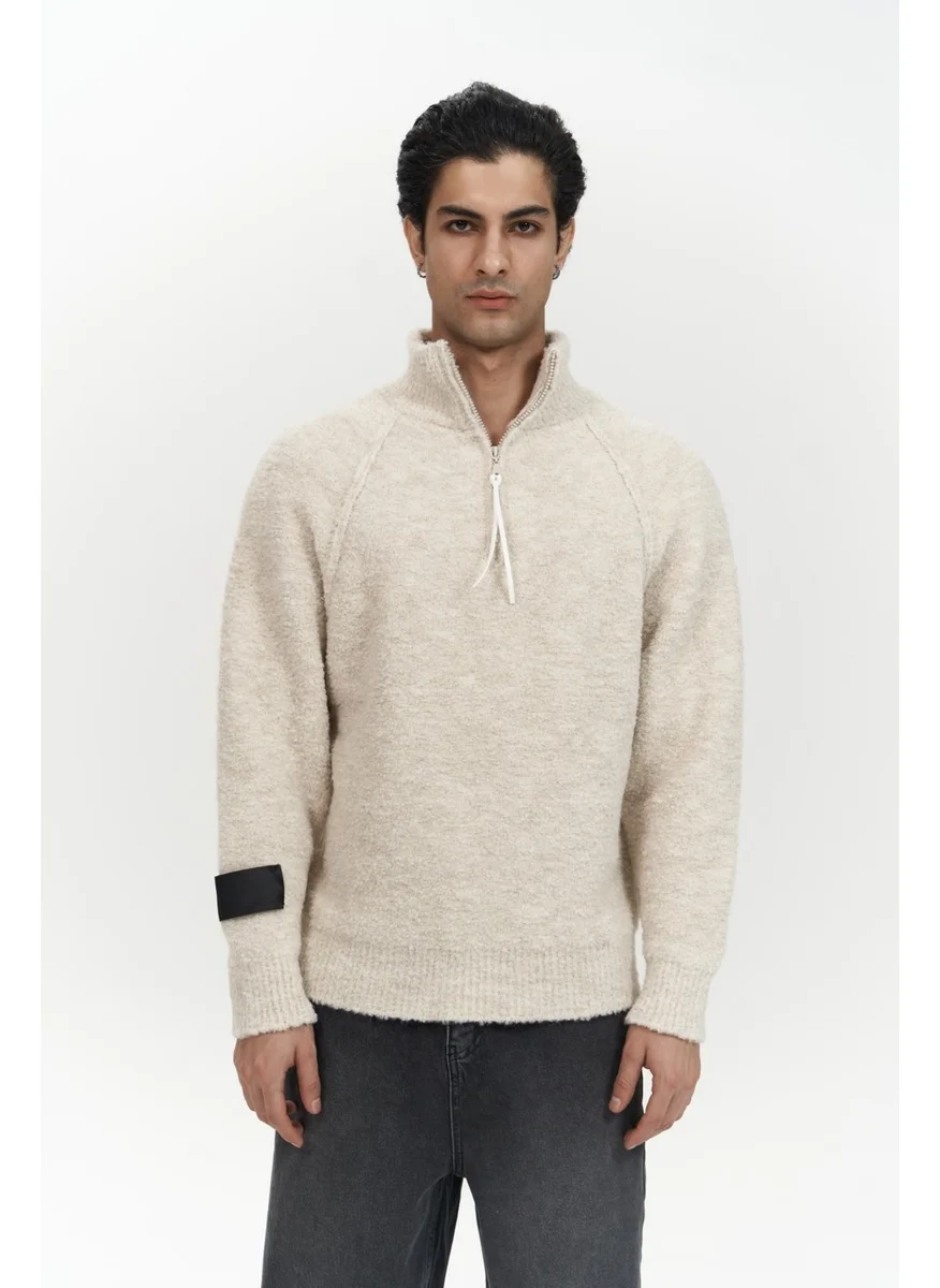 Mai Collection Zane Zipper Detail Beige Men's Knitwear Sweater