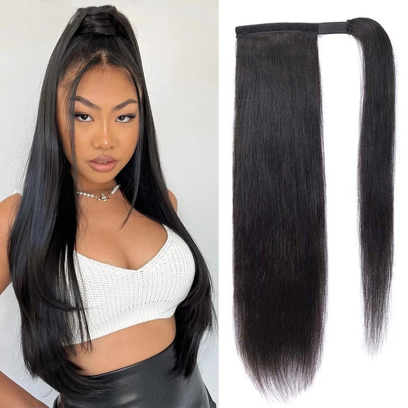 seelaak Long Straight Remy Human Hair Ponytail Extension Wrap Around Ponytail Hair Piece with Clips Magic Paste Binding Pony Tail Hairpiece 1B 100gset 16inch