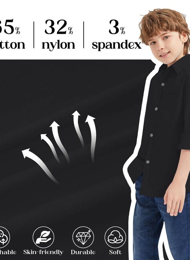 QBK Boys' Long Sleeve Button Down Dress Shirt Oxford Uniform Shirt with Chest Pocket Black 6Y - Image 3