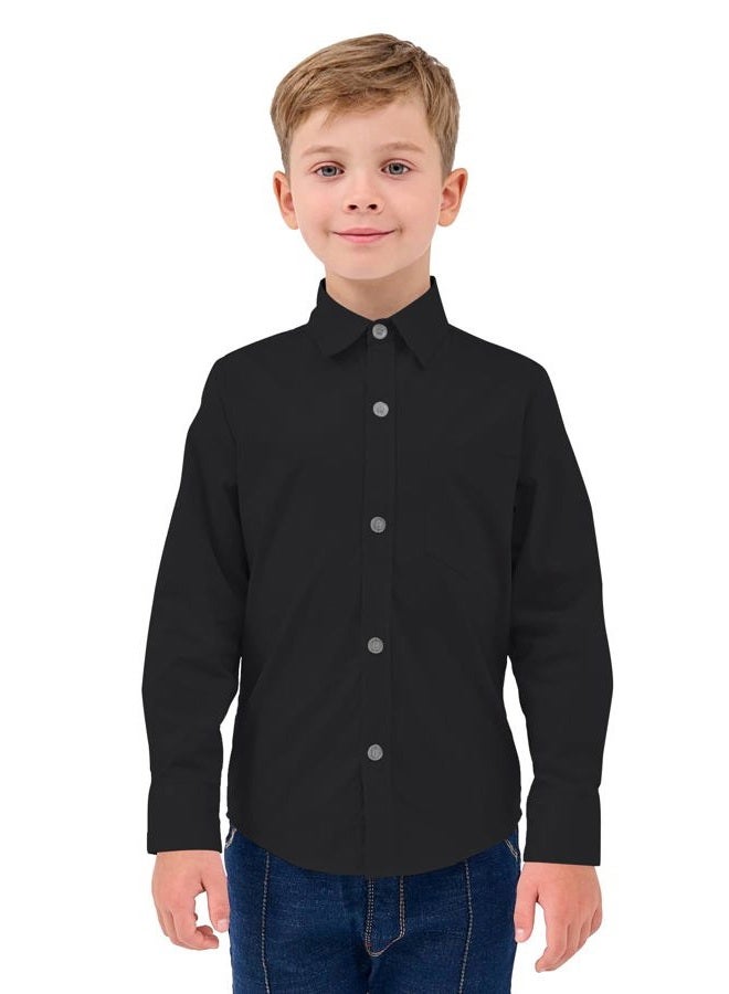 QBK Boys' Long Sleeve Button Down Dress Shirt Oxford Uniform Shirt with Chest Pocket Black 6Y - Image 2