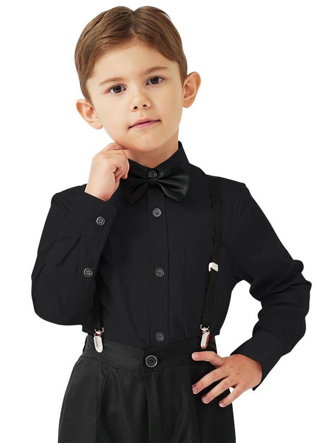 QBK Boys' Long Sleeve Button Down Dress Shirt Oxford Uniform Shirt with Chest Pocket Black 6Y - Image 1