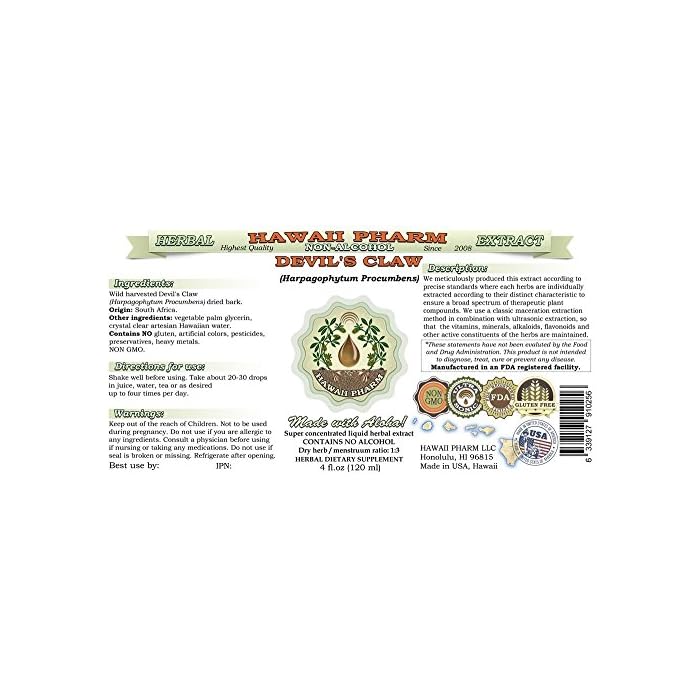 Hawaii Pharm Devil's Claw Alcohol-Free Liquid Extract, Devil's Claw (Harpagophytum Procumbens) Dried Root Tuber Glycerite Natural Herbal Supplement 4 oz - Image 2