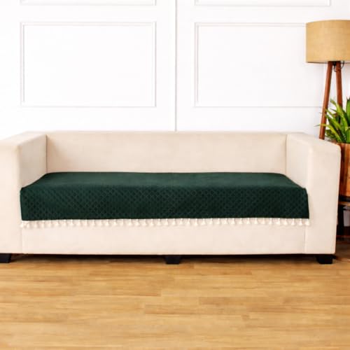 STITCHNEST 2 Seater Quilted Velvet Sofa Cover with Tassels | Elegant Green Sofa Protector for Living Room | Soft, Washable | Perfect for Enhancing Living Room Interiors - Image 2