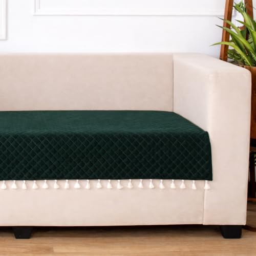 STITCHNEST 2 Seater Quilted Velvet Sofa Cover with Tassels | Elegant Green Sofa Protector for Living Room | Soft, Washable | Perfect for Enhancing Living Room Interiors - Image 3