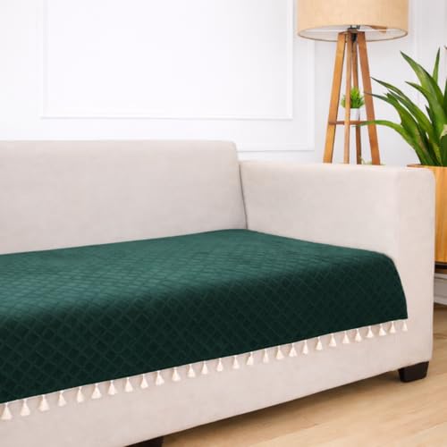STITCHNEST 2 Seater Quilted Velvet Sofa Cover with Tassels | Elegant Green Sofa Protector for Living Room | Soft, Washable | Perfect for Enhancing Living Room Interiors - Image 1