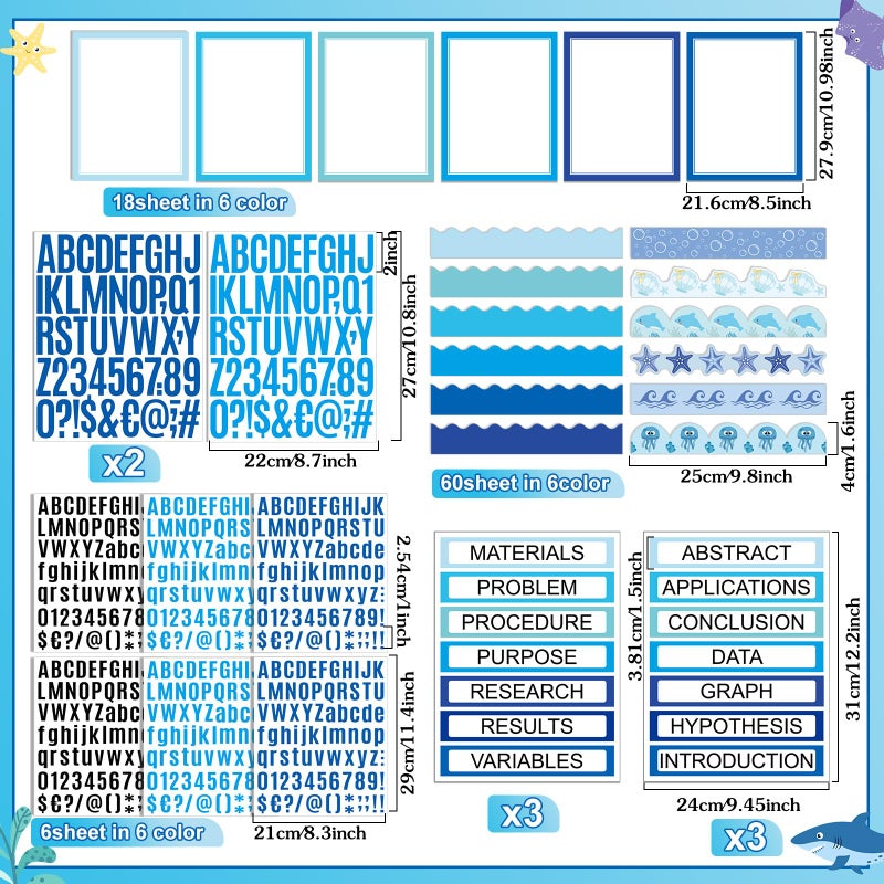 Sinload 92 Pcs Science Fair Board Supplies 60 Trim Scalloped Poster Boards 18 Presentation Subtitles 6 Project Titles 8 Letter Sticker for Classroom Display Boards (Blue,Ocean) - Image 2