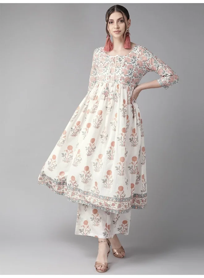 AKS White Floral Print Kurta with Tie-Up