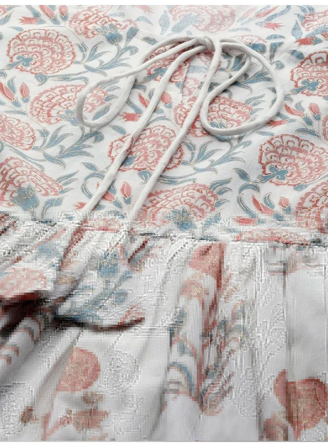 AKS White Floral Print Kurta with Tie-Up