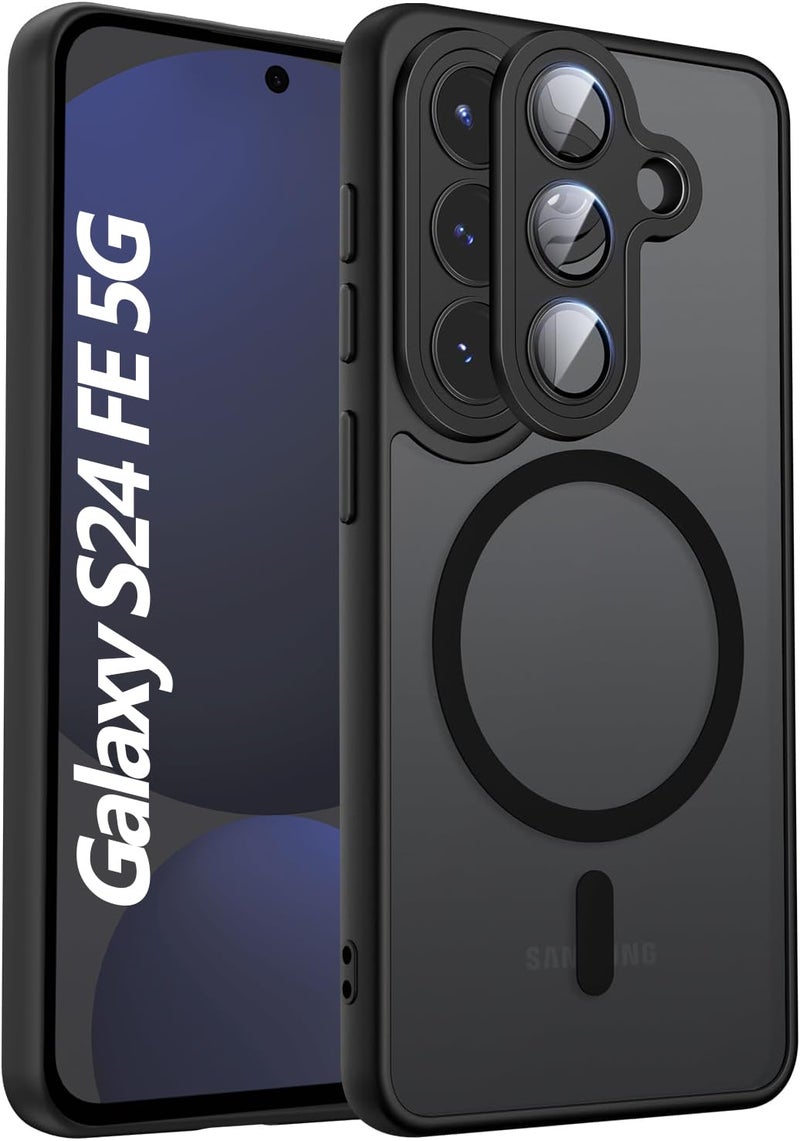 Elzzi Magnetic for Samsung S24 Fe 5g Case, Upgraded [Full Camera Protection] [Compatible with Magsafe] [Translucent Matte] Shockproof Protective Phone Case for Men & Women - Black - Image 1