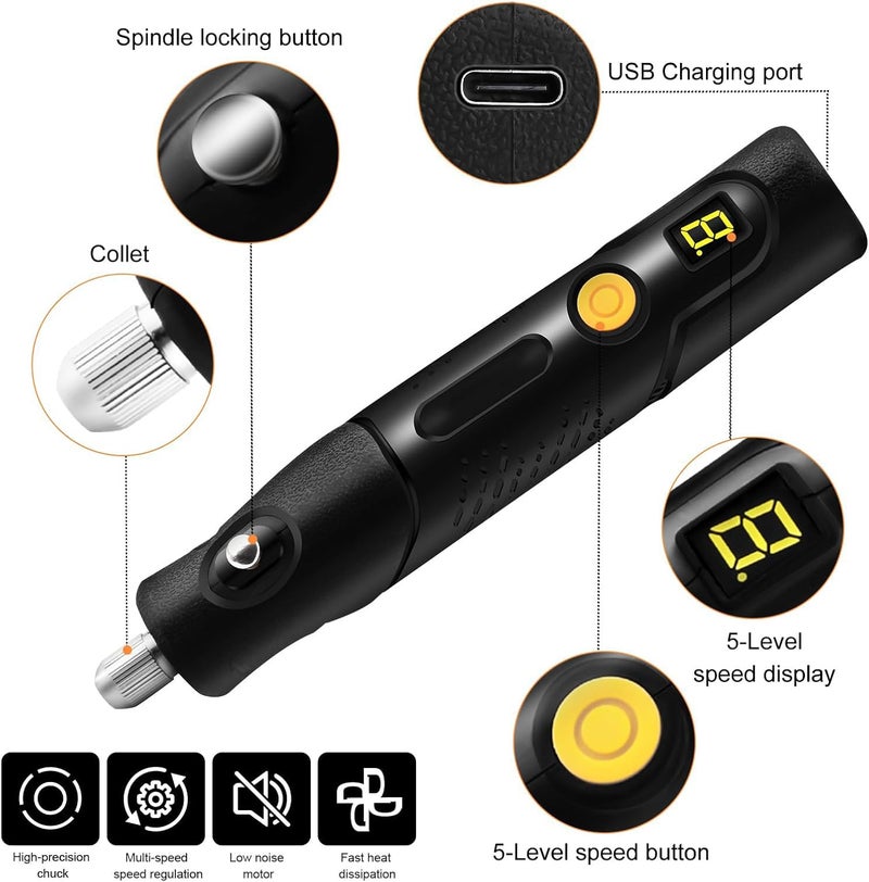 KASTWAVE Mini Cordless Rotary Tool Kit, 5-Speed Multi-Purpose Power Tool, Led Screen Display, For Sanding, Engraving, Polishing, Drilling, Handmade Crafting, Diy Creations - Image 4