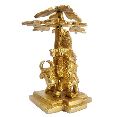 GURU JEE™ Brass Statue Hindu God Lord Krishna Idol Standing Under Tree with Cow Playing Flute Indian Gift - Image 3