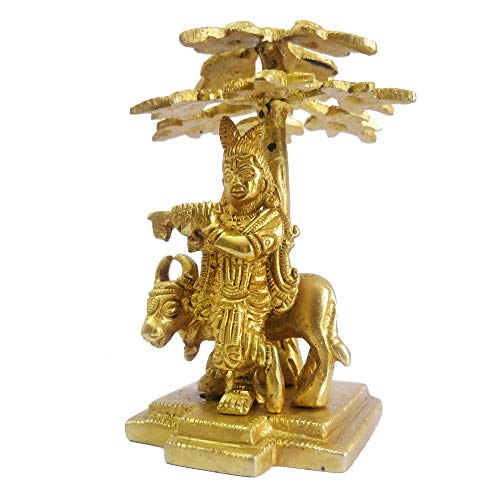 GURU JEE™ Brass Statue Hindu God Lord Krishna Idol Standing Under Tree with Cow Playing Flute Indian Gift - Image 2