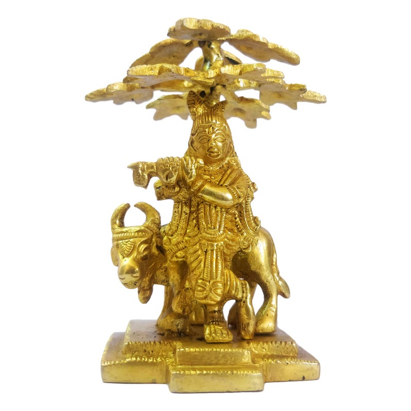 GURU JEE™ Brass Statue Hindu God Lord Krishna Idol Standing Under Tree with Cow Playing Flute Indian Gift - Image 4