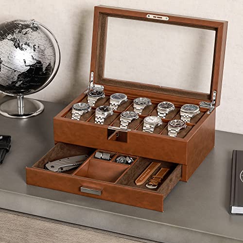 ROTHWELL 10-Slot Watch Box in Leather with Valet Drawer, Luxury Watch Case Display Organizer with Ultra Soft Microsuede Liner, Jewelry and Sunglass Holder With Large Glass top (Tan/Brown) - Image 3