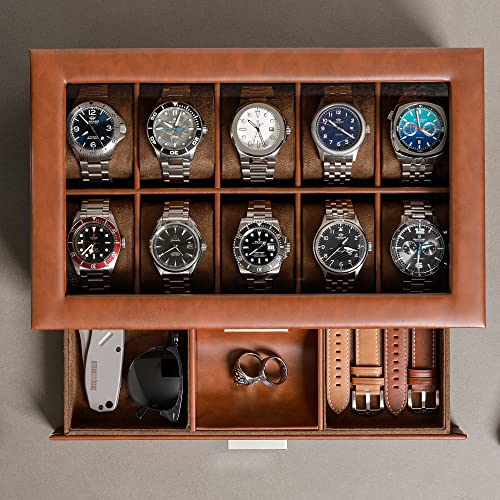 ROTHWELL 10-Slot Watch Box in Leather with Valet Drawer, Luxury Watch Case Display Organizer with Ultra Soft Microsuede Liner, Jewelry and Sunglass Holder With Large Glass top (Tan/Brown) - Image 4