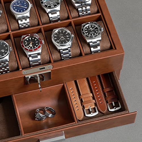 ROTHWELL 10-Slot Watch Box in Leather with Valet Drawer, Luxury Watch Case Display Organizer with Ultra Soft Microsuede Liner, Jewelry and Sunglass Holder With Large Glass top (Tan/Brown) - Image 5