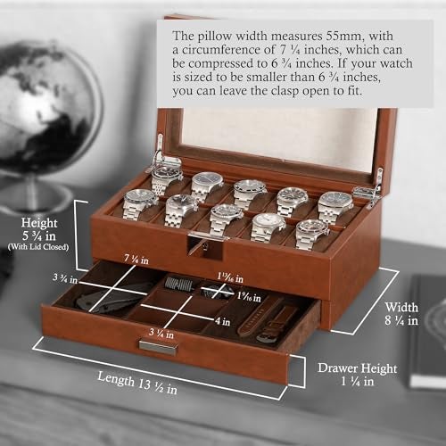 ROTHWELL 10-Slot Watch Box in Leather with Valet Drawer, Luxury Watch Case Display Organizer with Ultra Soft Microsuede Liner, Jewelry and Sunglass Holder With Large Glass top (Tan/Brown) - Image 2