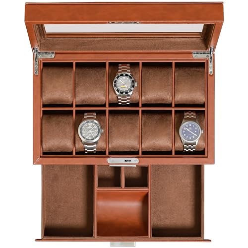 ROTHWELL 10-Slot Watch Box in Leather with Valet Drawer, Luxury Watch Case Display Organizer with Ultra Soft Microsuede Liner, Jewelry and Sunglass Holder With Large Glass top (Tan/Brown) - Image 1