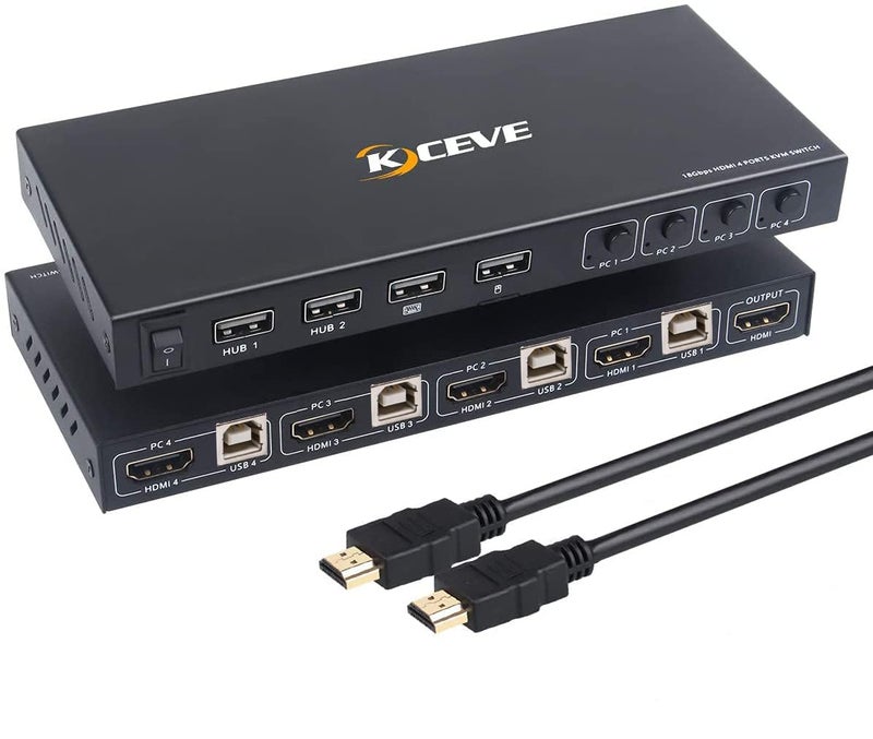 KCEVE KVM Switch 4 Ports, 4 In 1 Out HDMI KVM Switcher Box Support 4K@60Hz, Compatible With Windows/Linux/Mac System etc, With Hotkey Switch Way, USB A-B Port - Image 1