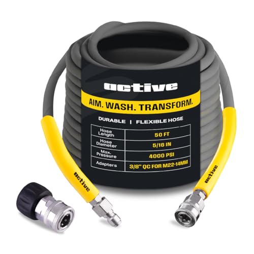 ACTIVE Pressure Washer Hose 50 Ft 5/16" - Kink Resistant Steel braided Power Washer Hose for All Electric & Gas Pressure Washers, Flex Hose w/Max 4000 PSI & 12 GPM at a peak temperature of 212F - Image 1