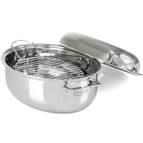 Viking 3-Ply Oval Roasting Pan, 8.5 Quart, Stainless Steel Kitchen Cookware with Metal Induction Lid and Rack, Great for Turkey, Dishwasher and Oven Safe, Silver - Image 1